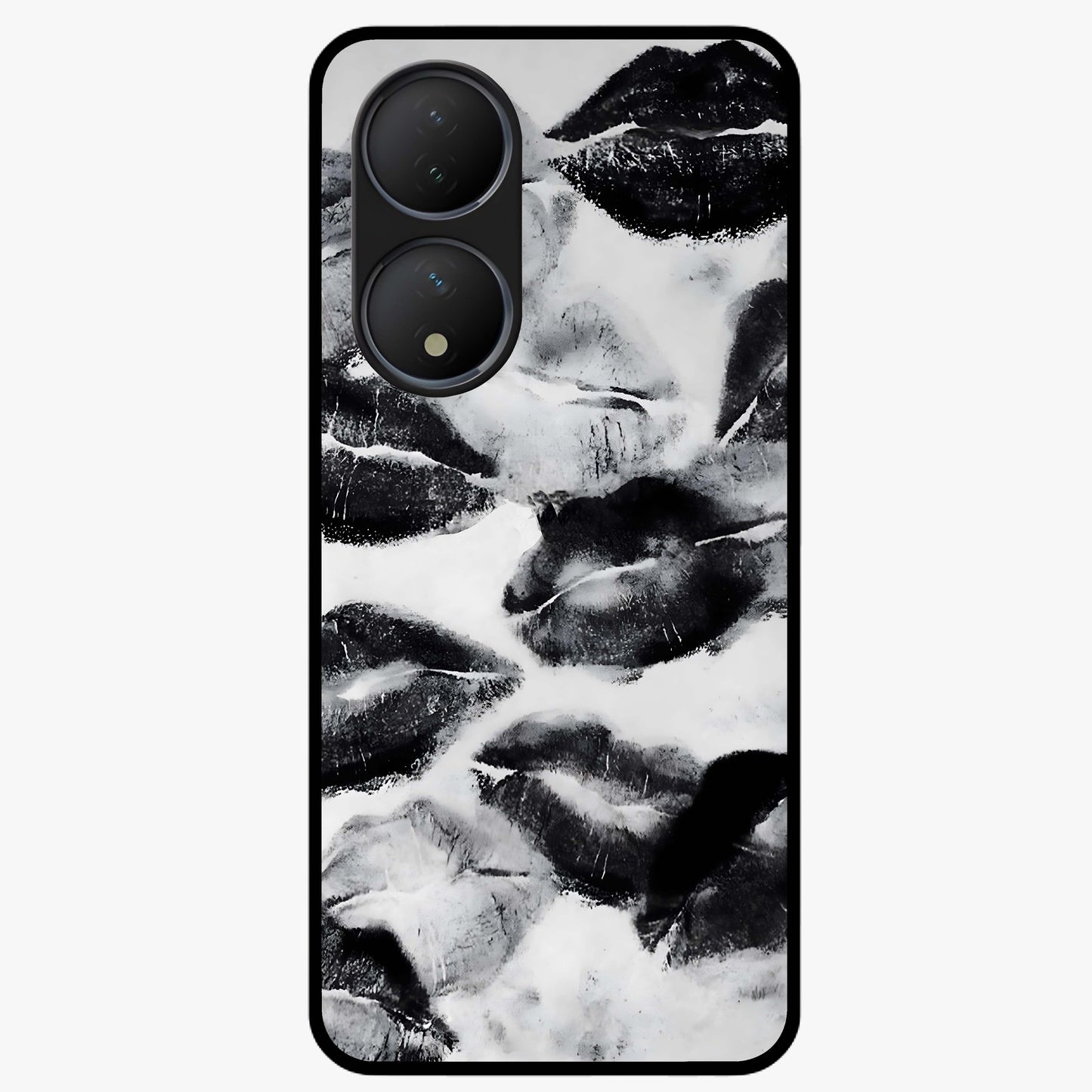 Midnight Kiss Marks Glass Case showing flat back view with lipstick kiss mark artwork and glossy glass finish.