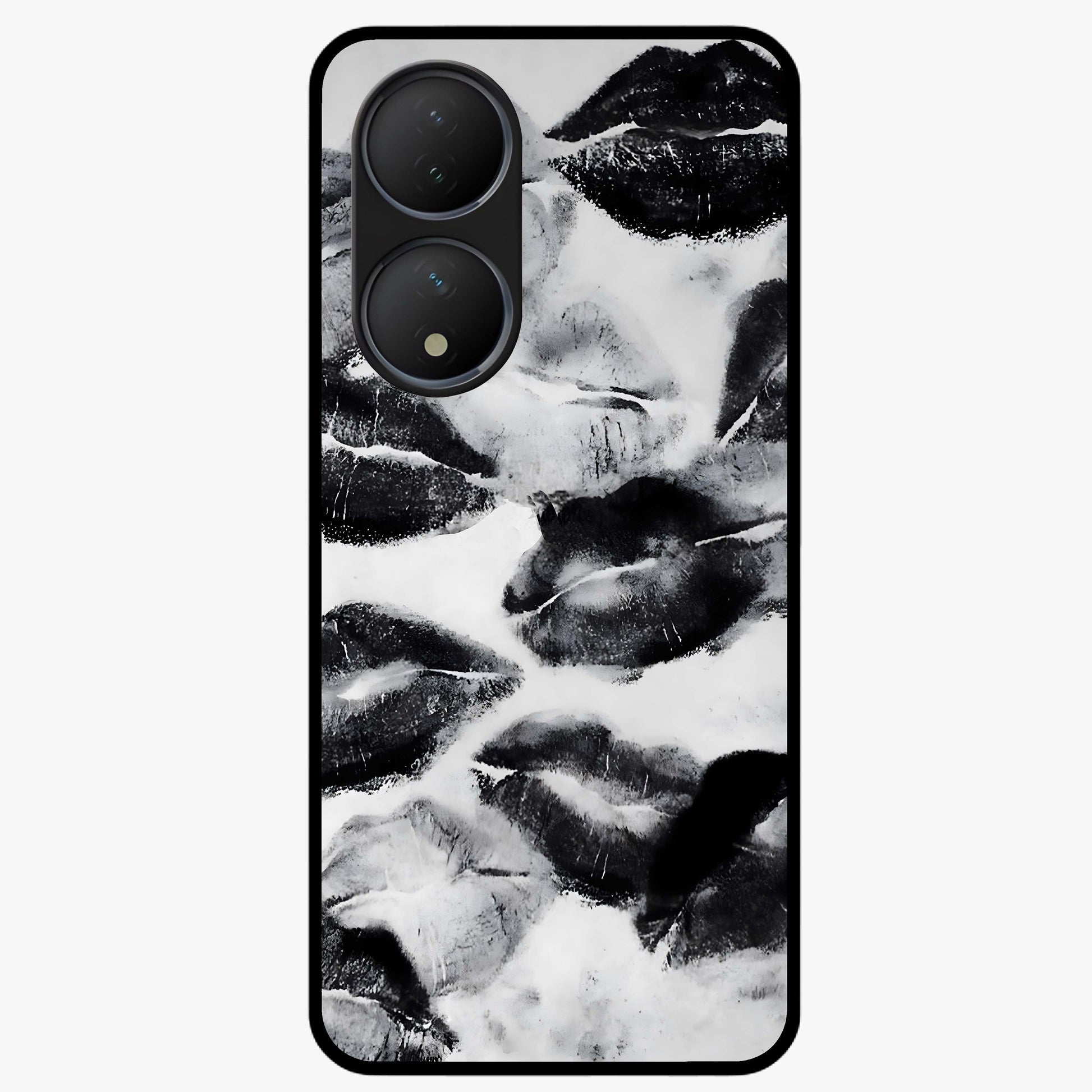 Midnight Kiss Marks Glass Case showing flat back view with lipstick kiss mark artwork and glossy glass finish.