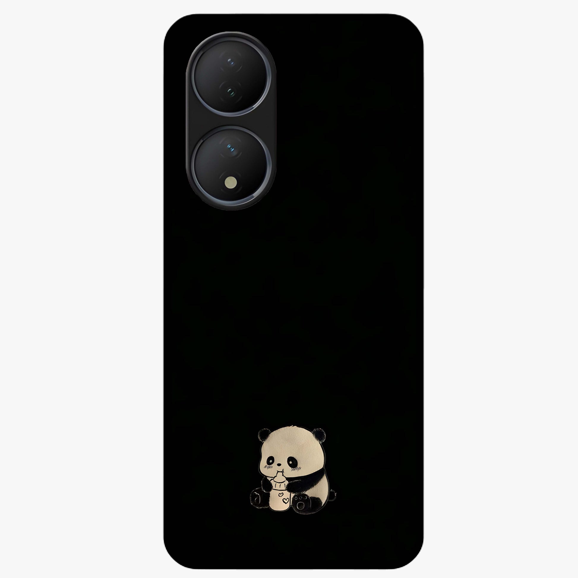 Midnight Panda Love Glass Case showing flat back view with cute panda themed artwork and glossy glass finish.