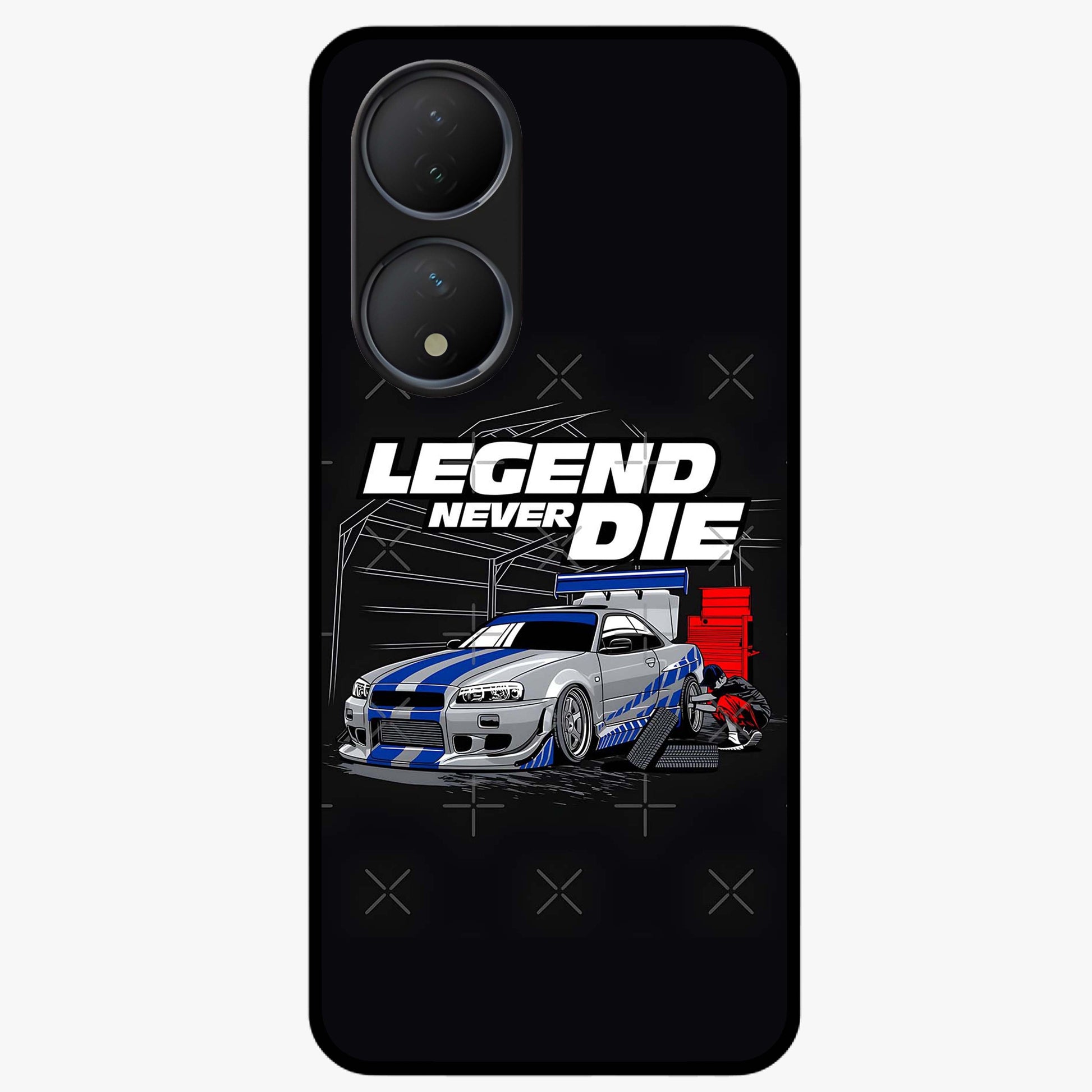 Midnight Racing Legacy Glass Case showing flat back view with sleek racing inspired artwork and glossy glass finish.