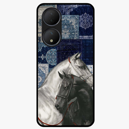Midnight Stallion Blues Glass Case showing flat back view with majestic horse artwork and glossy glass finish.