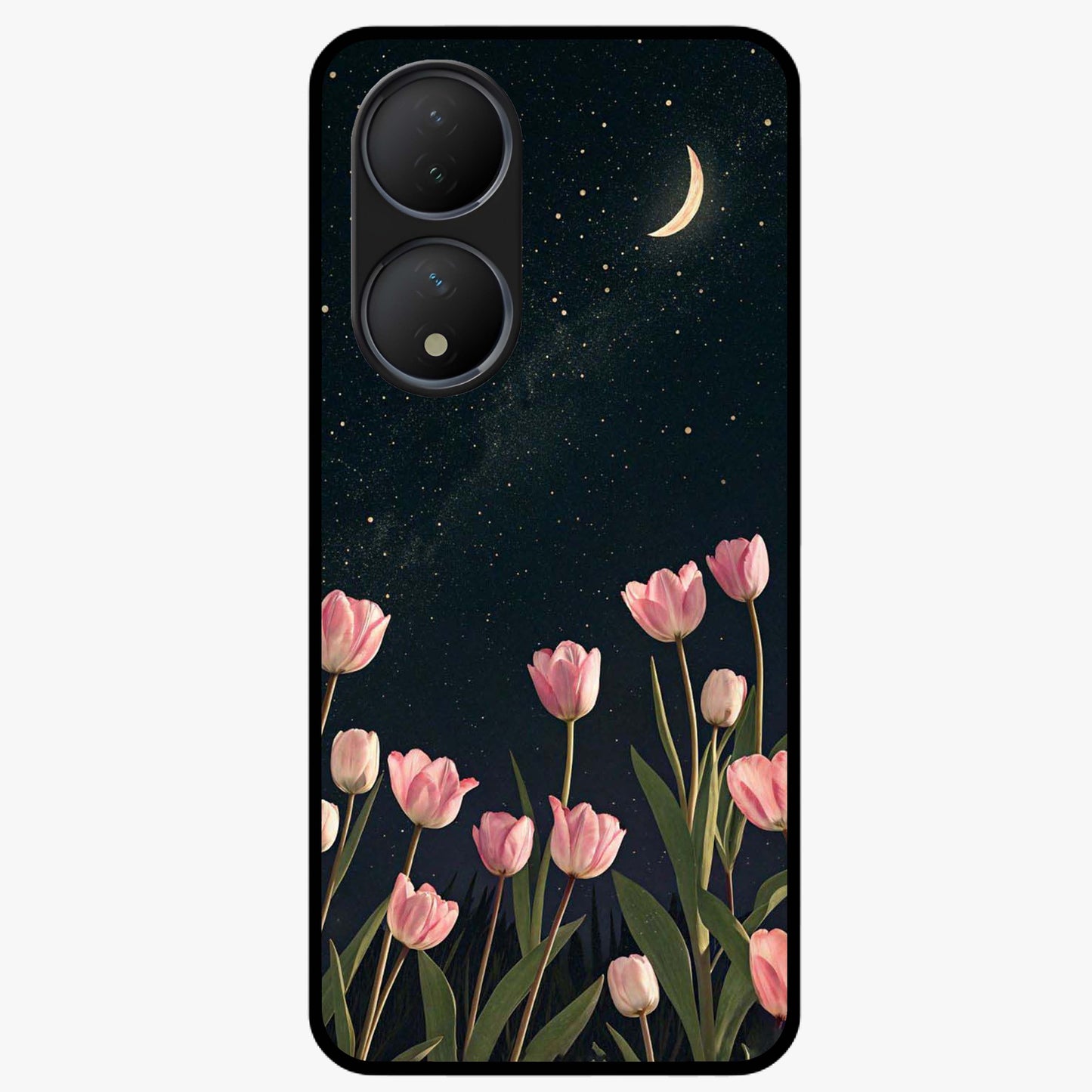 Midnight Tulip Whispers Vibe Glass Case showing flat back view with elegant tulip flower artwork and glossy glass finish.