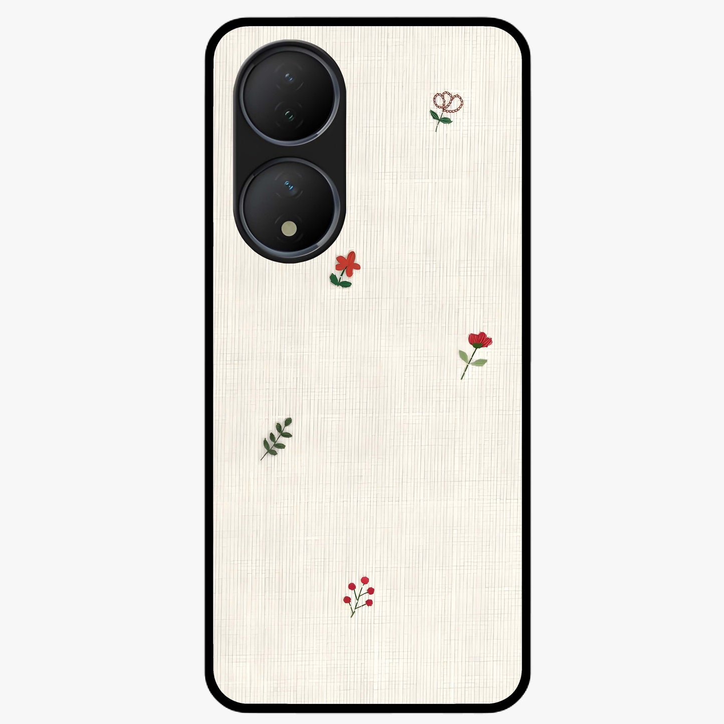 Minimal Petal Whispers Glass Case showing flat back view with soft minimal floral artwork and glossy glass finish.