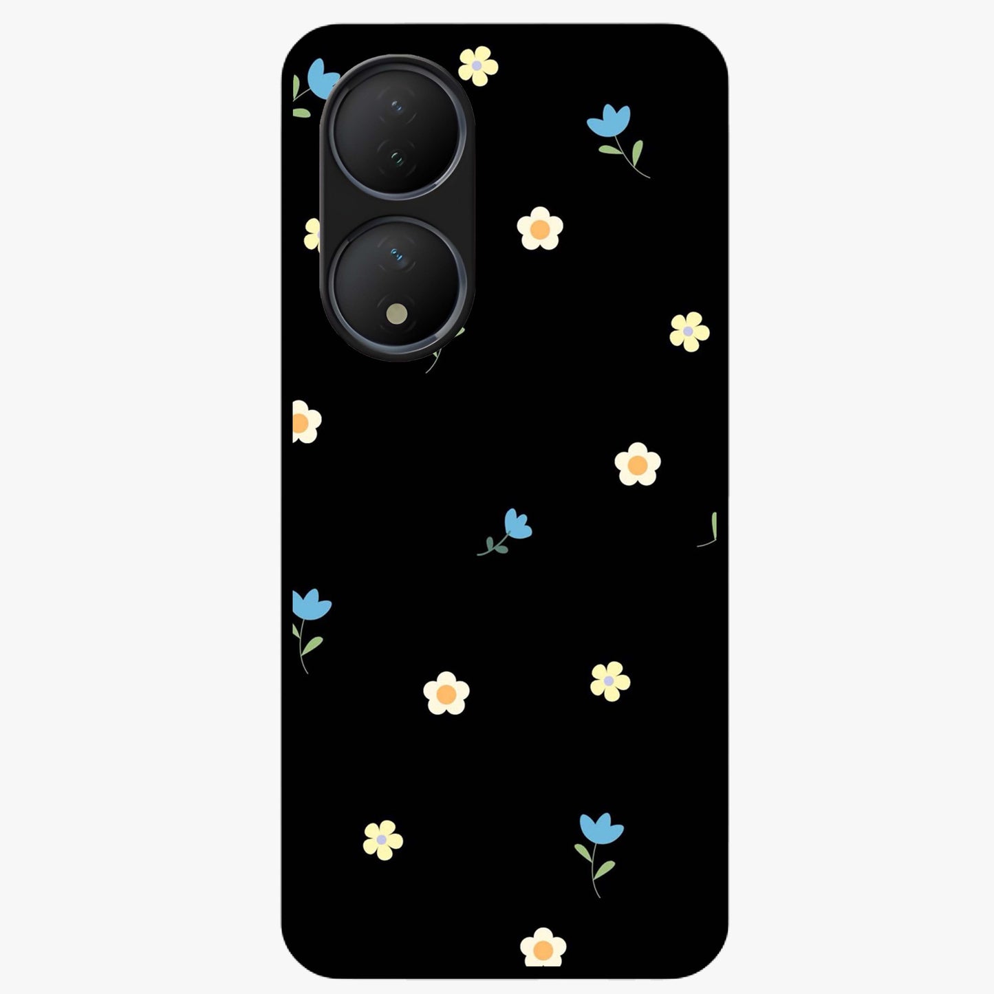 Minimalistic Blue With White Flower Pattern Glass Case showing flat back view with blue background and white flower pattern and glossy glass finish.