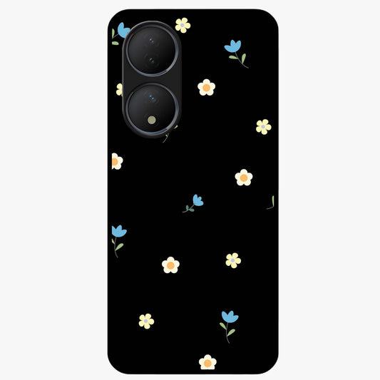 Minimalistic Blue With White Flower Pattern Glass Case showing flat back view with blue background and white flower pattern and glossy glass finish.