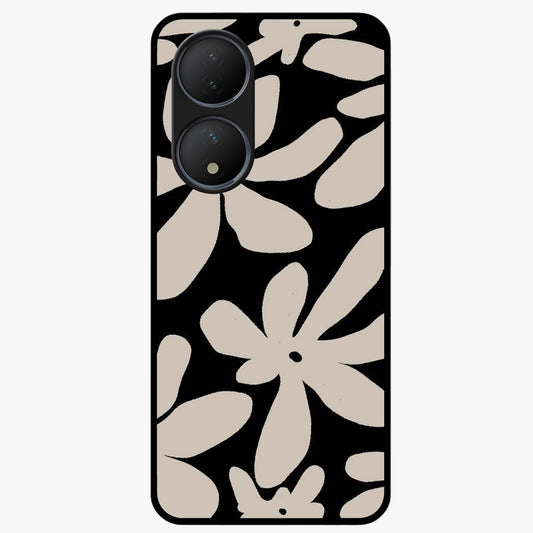 Monochrome Petal Dance Glass Case showing flat back view with monochrome floral artwork and glossy glass finish.