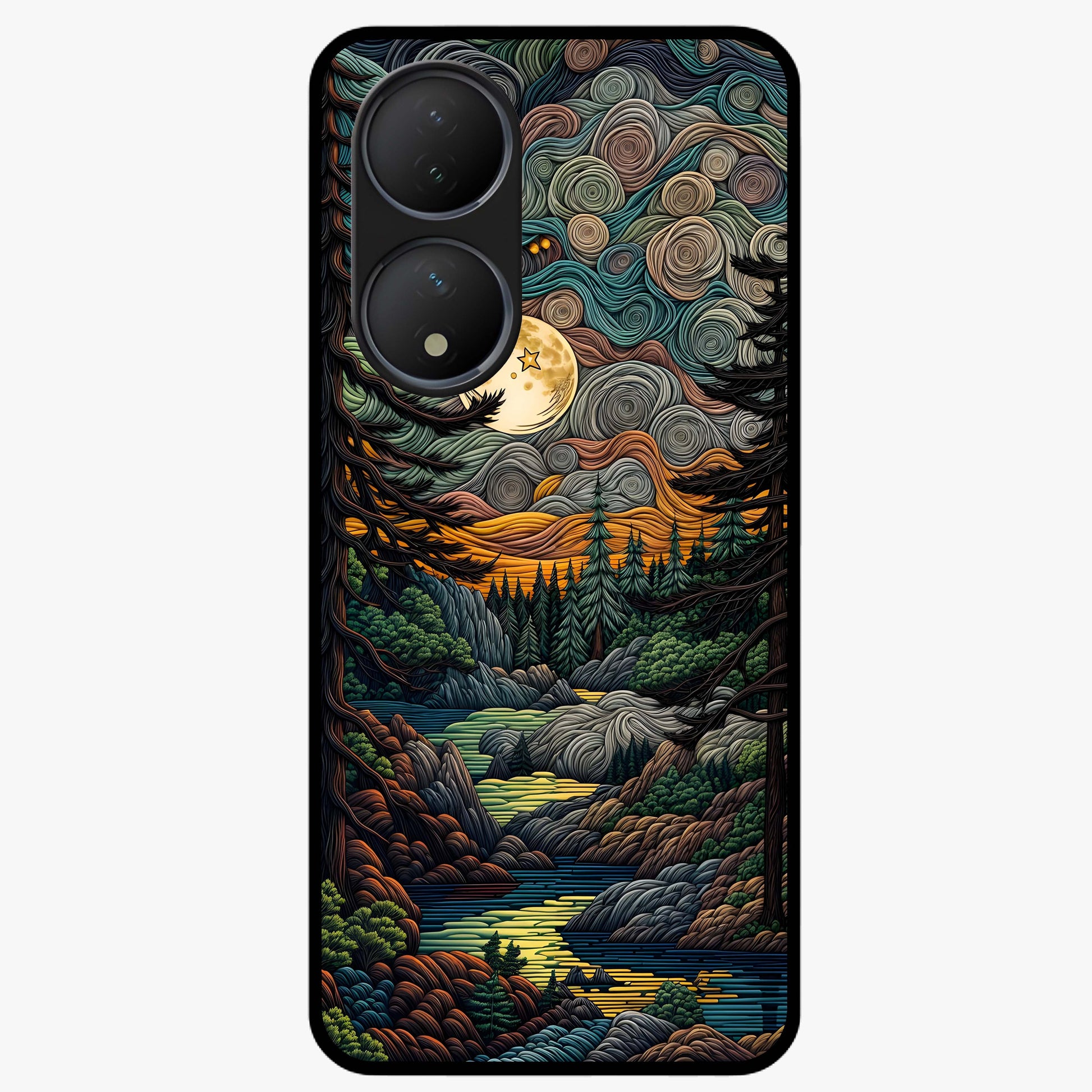 Moonlight Forest Dream Glass Case showing flat back view with mystical forest moonlight artwork and glossy glass finish.