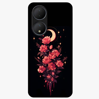 Moonlit Floral Elegance Glass Case showing flat back view with elegant floral artwork under moonlit tones and glossy glass finish.
