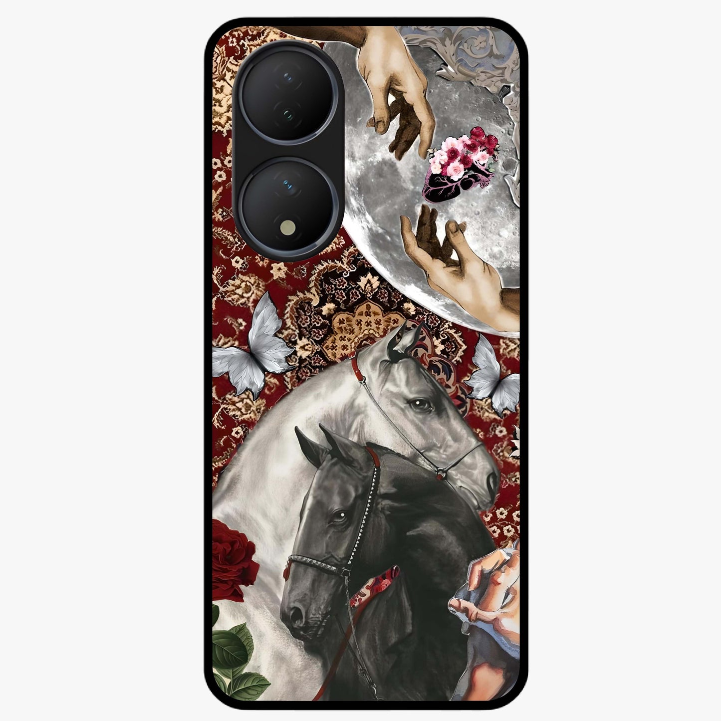 Moonlit Royal Stallion Glass Case showing flat back view with majestic horse under moonlight artwork and glossy glass finish.