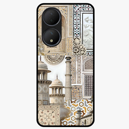Mughal Marble Legacy Glass Case showing flat back view with intricate Mughal inspired marble pattern and glossy glass finish.