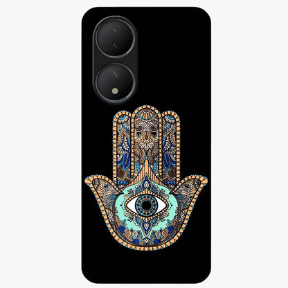 Mystic Hamsa Eye Glass Case showing flat back view with protective hamsa hand and evil eye artwork and glossy glass finish.