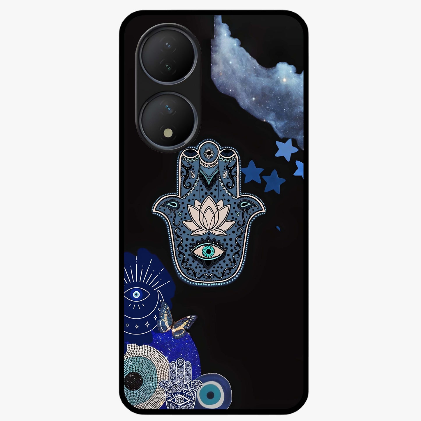 Mystic Hand Aura Glass Case showing flat back view with mystical hand symbol artwork and glossy glass finish.