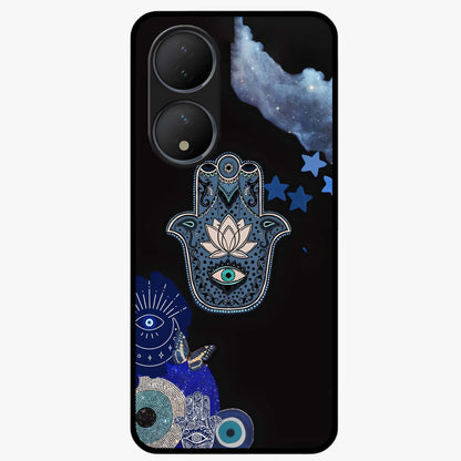 Mystic Hand Aura Glass Case showing flat back view with mystical hand symbol artwork and glossy glass finish.