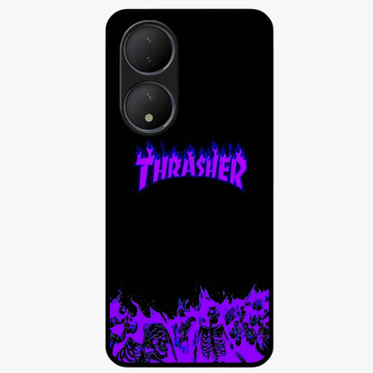Neon Flame Riot Glass Case showing flat back view with neon flame artwork and glossy glass finish.