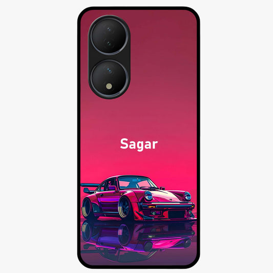 Neon Pink Porsche Glass Case showing flat back view with stylish sports car artwork and glossy glass finish.