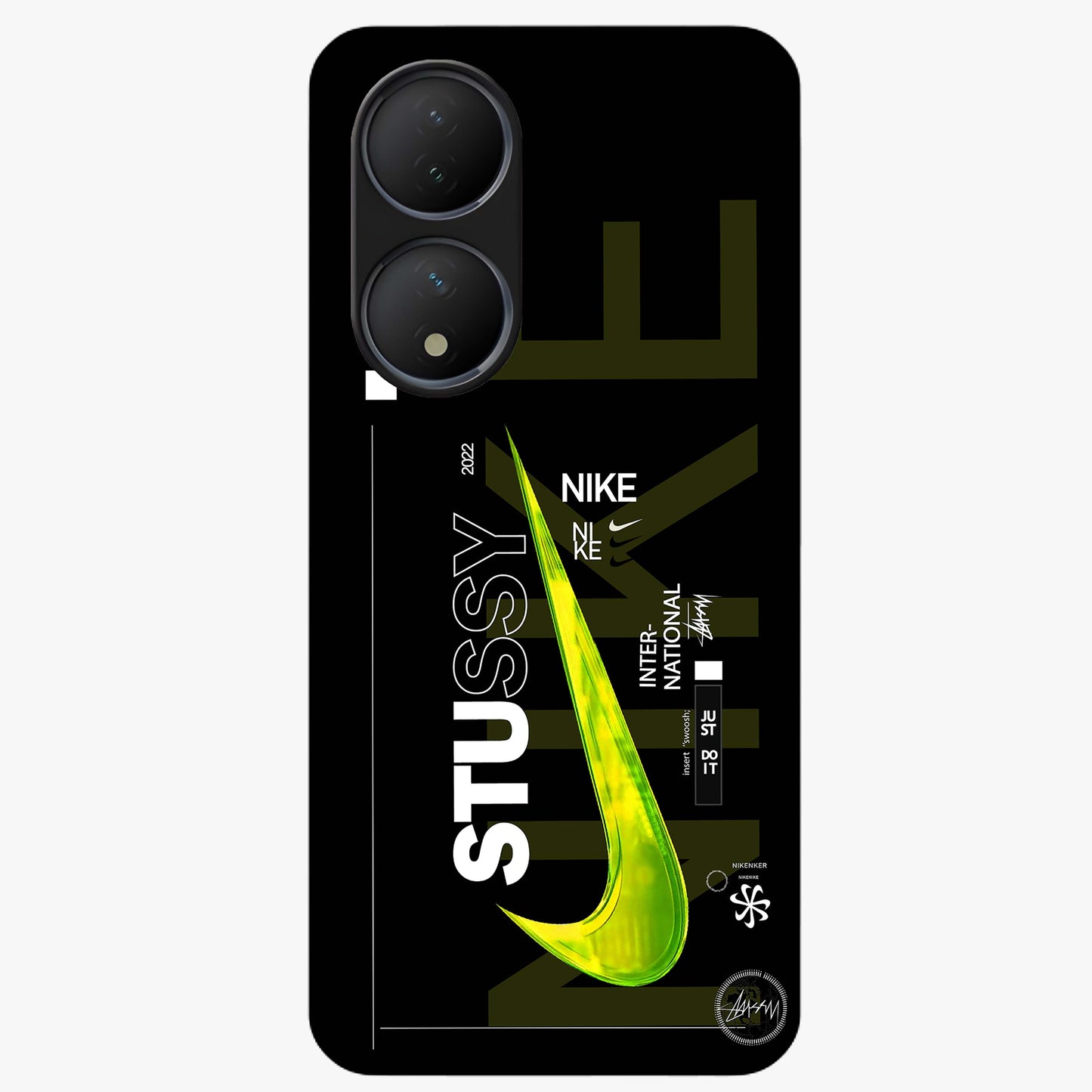 Neon Street Edition Glass Case showing flat back view with neon street style artwork and glossy glass finish.