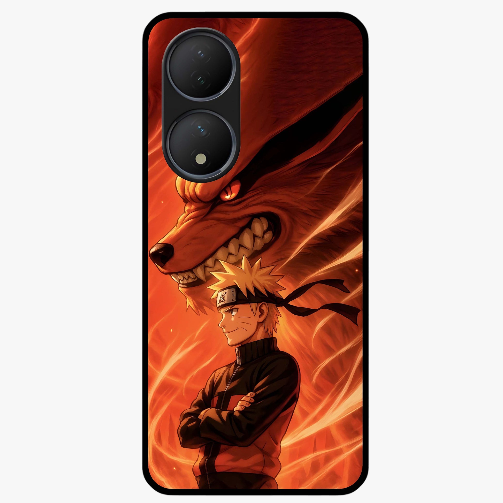 Nine Tails Legacy Glass Case showing flat back view with powerful nine-tailed fox inspired artwork and glossy glass finish.