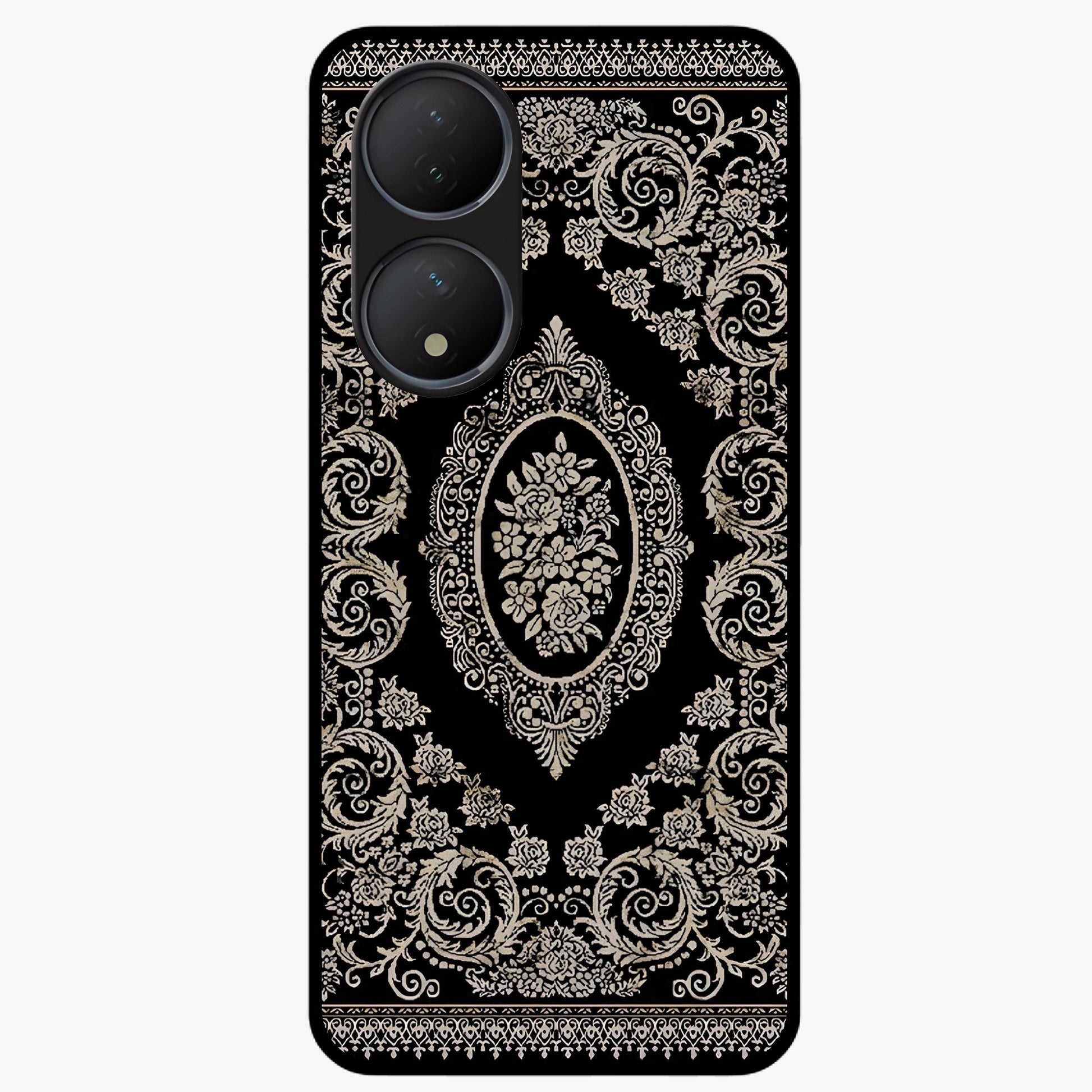 Noir Bloom Elegance Glass Case showing flat back view with elegant dark floral artwork and glossy glass finish.