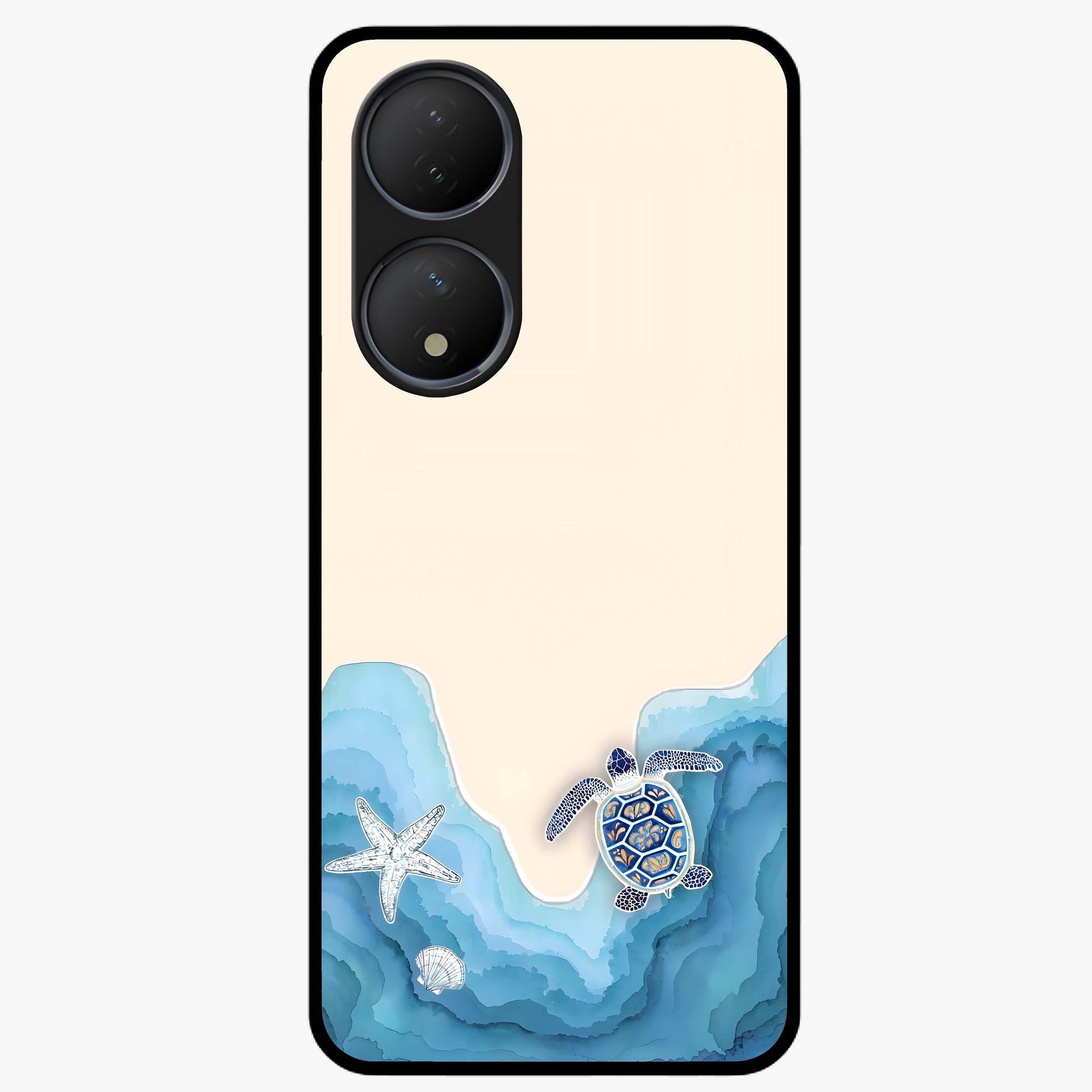 Ocean Drift Turtle Glass Case showing flat back view with sea turtle artwork and glossy glass finish.