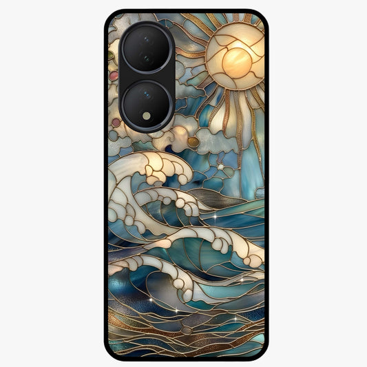 Oceanic Stained Printed Glass Case showing flat back view with ocean inspired stained pattern artwork and glossy glass finish.