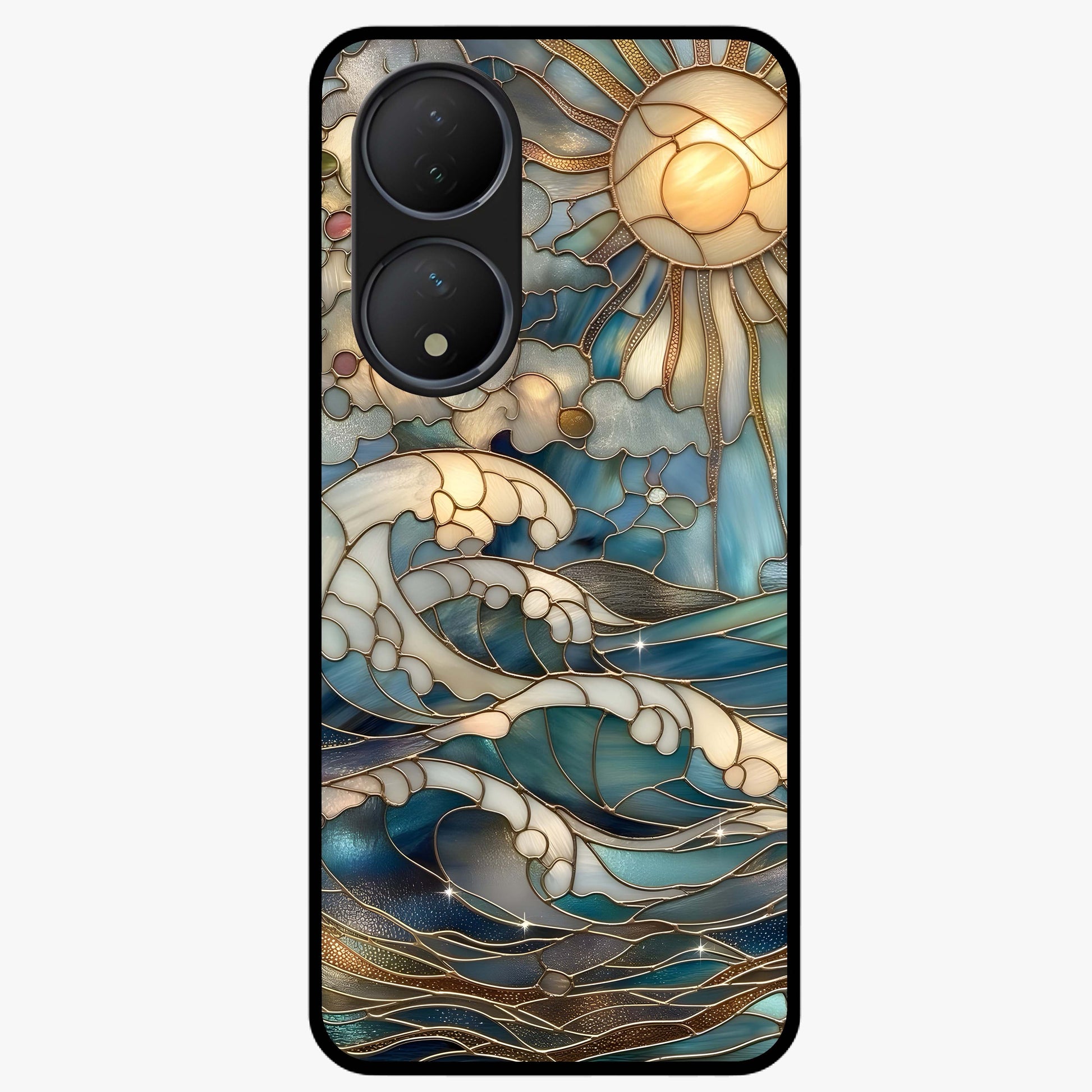 Oceanic Stained Printed Glass Case showing flat back view with ocean inspired stained pattern artwork and glossy glass finish.