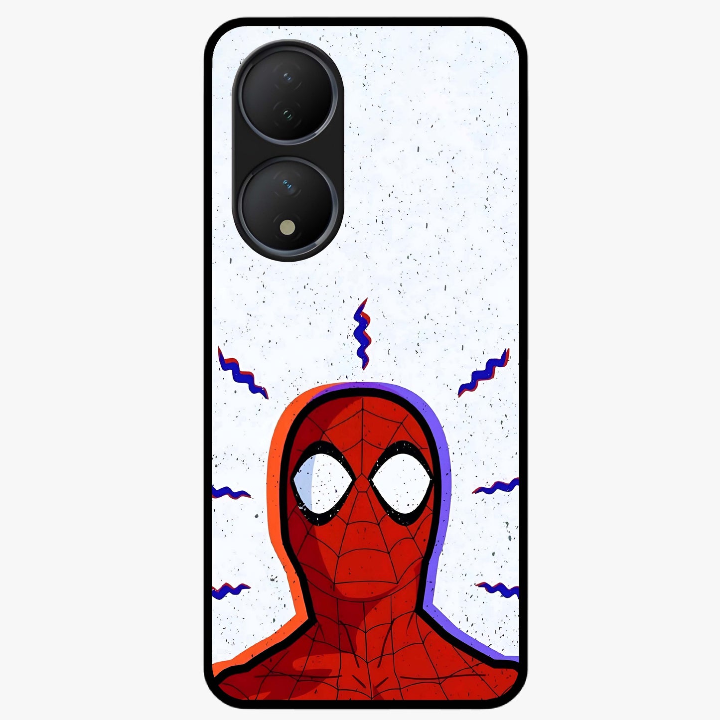 Omg Spiderman Glass Case showing flat back view with bold superhero inspired artwork and glossy glass finish.