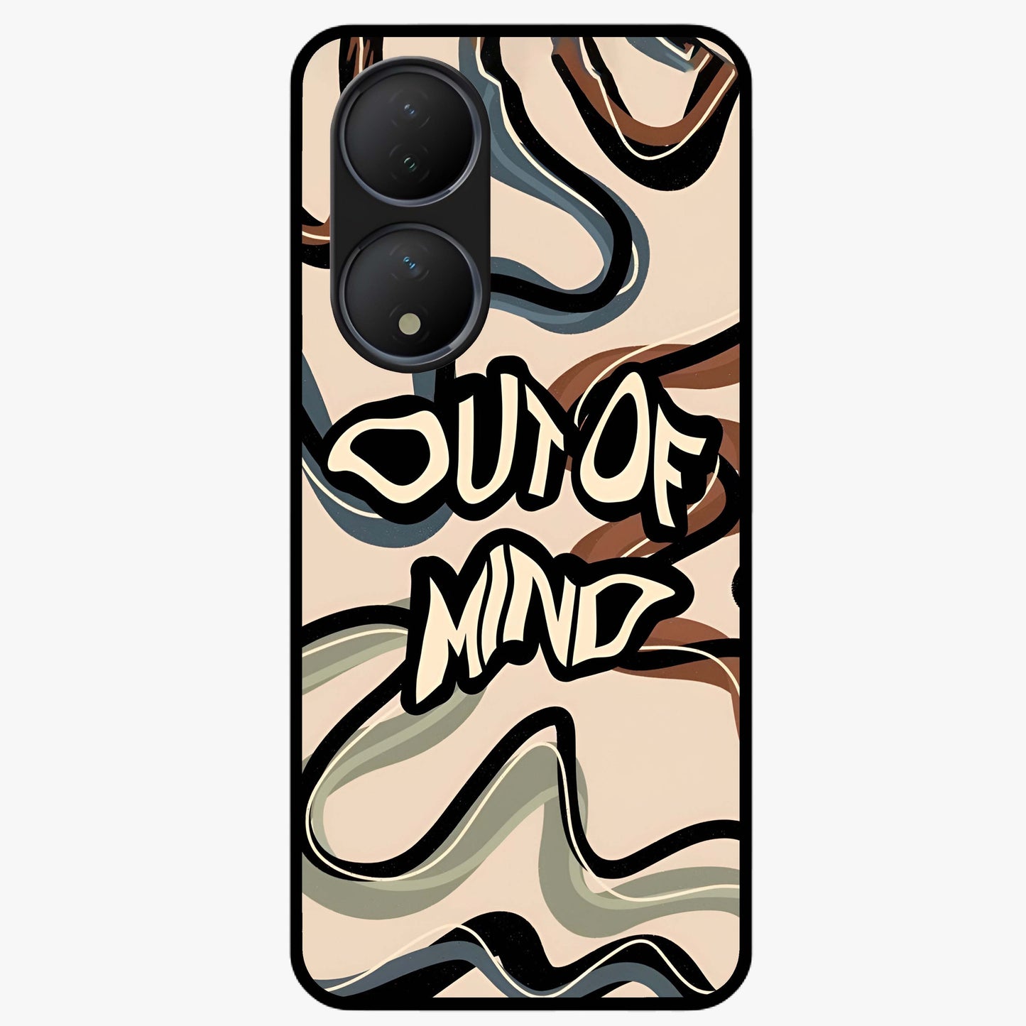 Out Of Mind Glass Case showing flat back view with expressive typography artwork and glossy glass finish.