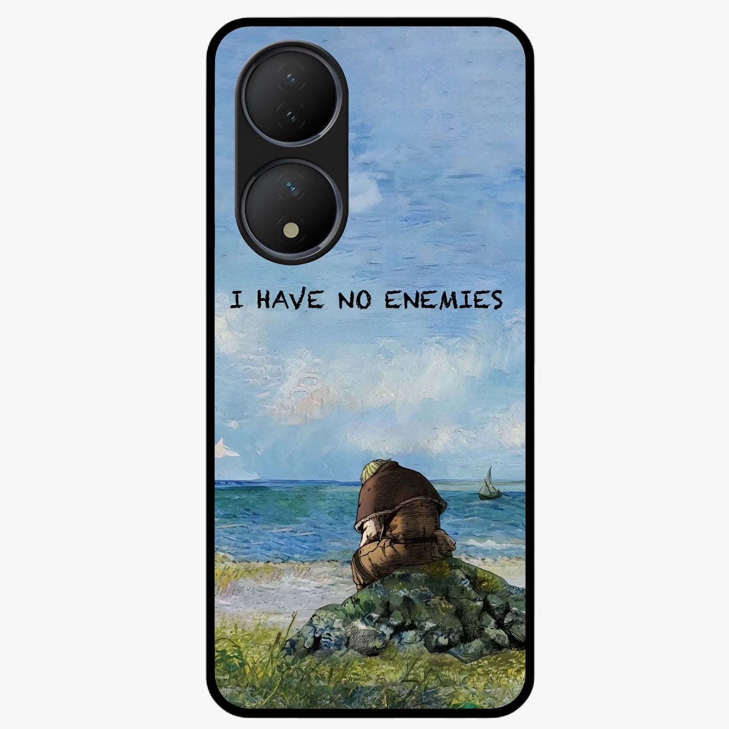 Peace Beyond War Glass Case showing flat back view with symbolic peace themed artwork and glossy glass finish.