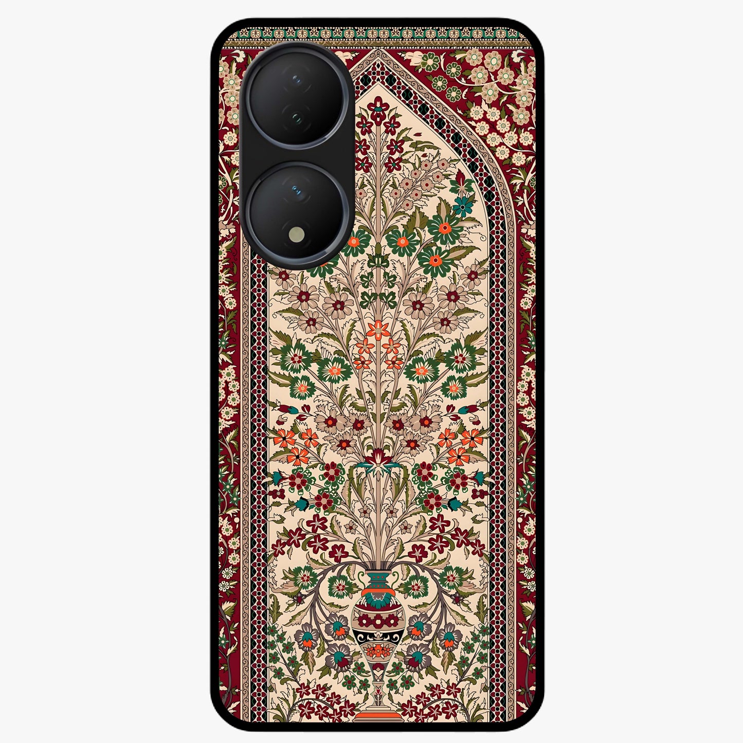 Persian Inspired Glass Case showing flat back view with ornate Persian style pattern artwork and glossy glass finish.