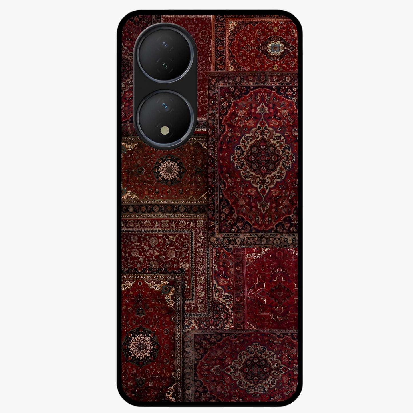 Persian Velvet Tale Glass Case showing flat back view with luxurious Persian velvet pattern artwork and glossy glass finish.