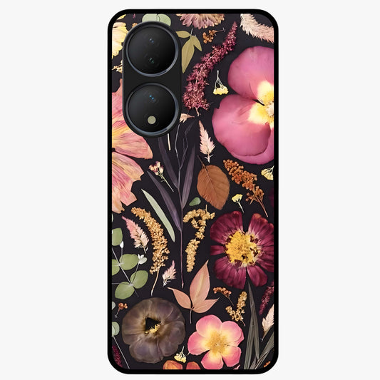 Petal Dream Tapestry Glass Case showing flat back view with intricate floral tapestry artwork and glossy glass finish.
