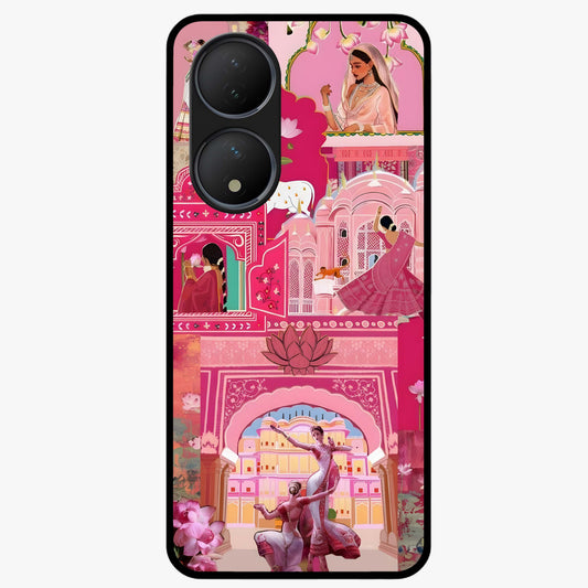 Pink Palace Muse Glass Case showing flat back view with elegant palace inspired artwork and glossy glass finish.