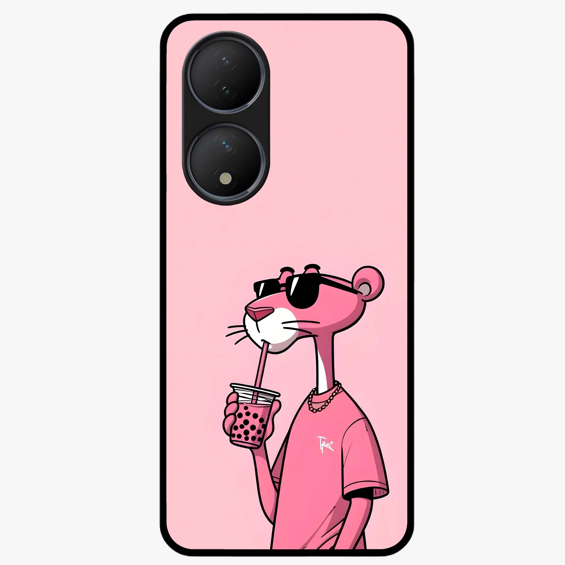 Pink Panther Glass Case showing flat back view with iconic pink panther artwork and glossy glass finish.