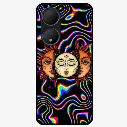 Psychedelic Sun Glass Case showing flat back view with colorful psychedelic sun artwork and glossy glass finish.