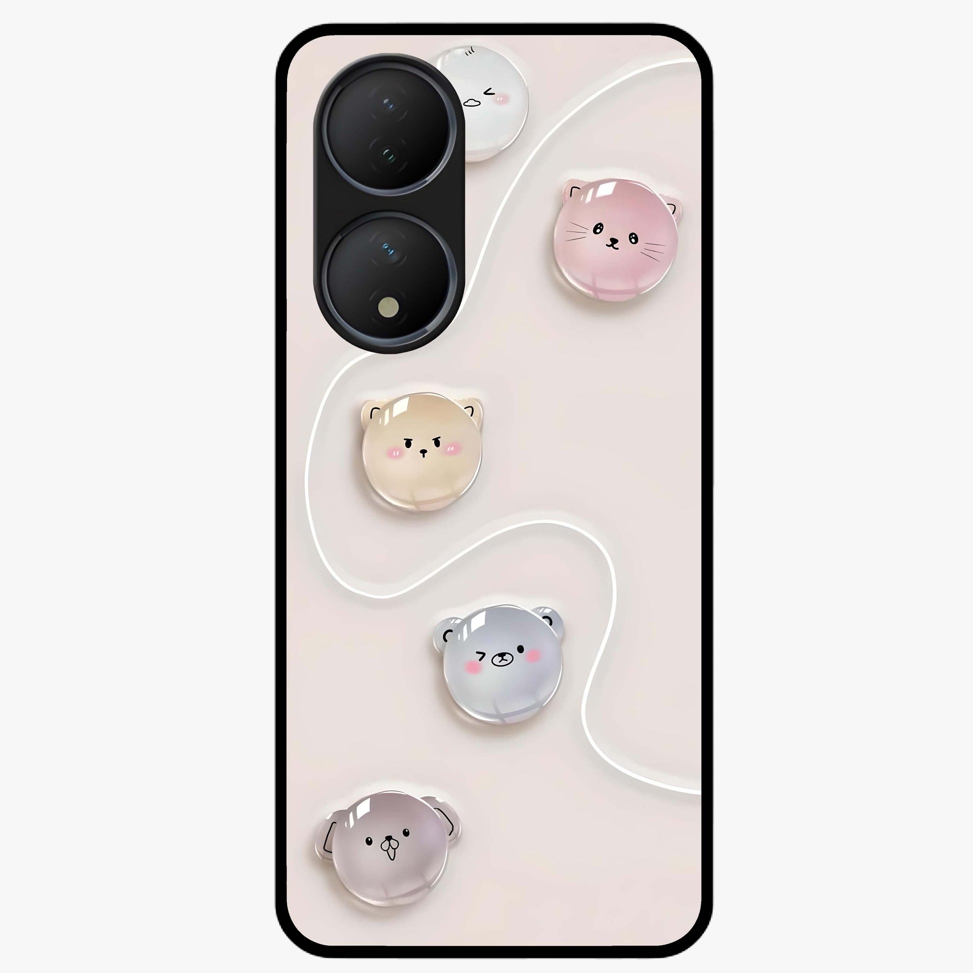 Puffy Face Parade Glass Case showing flat back view with cute puffy character faces artwork and glossy glass finish.