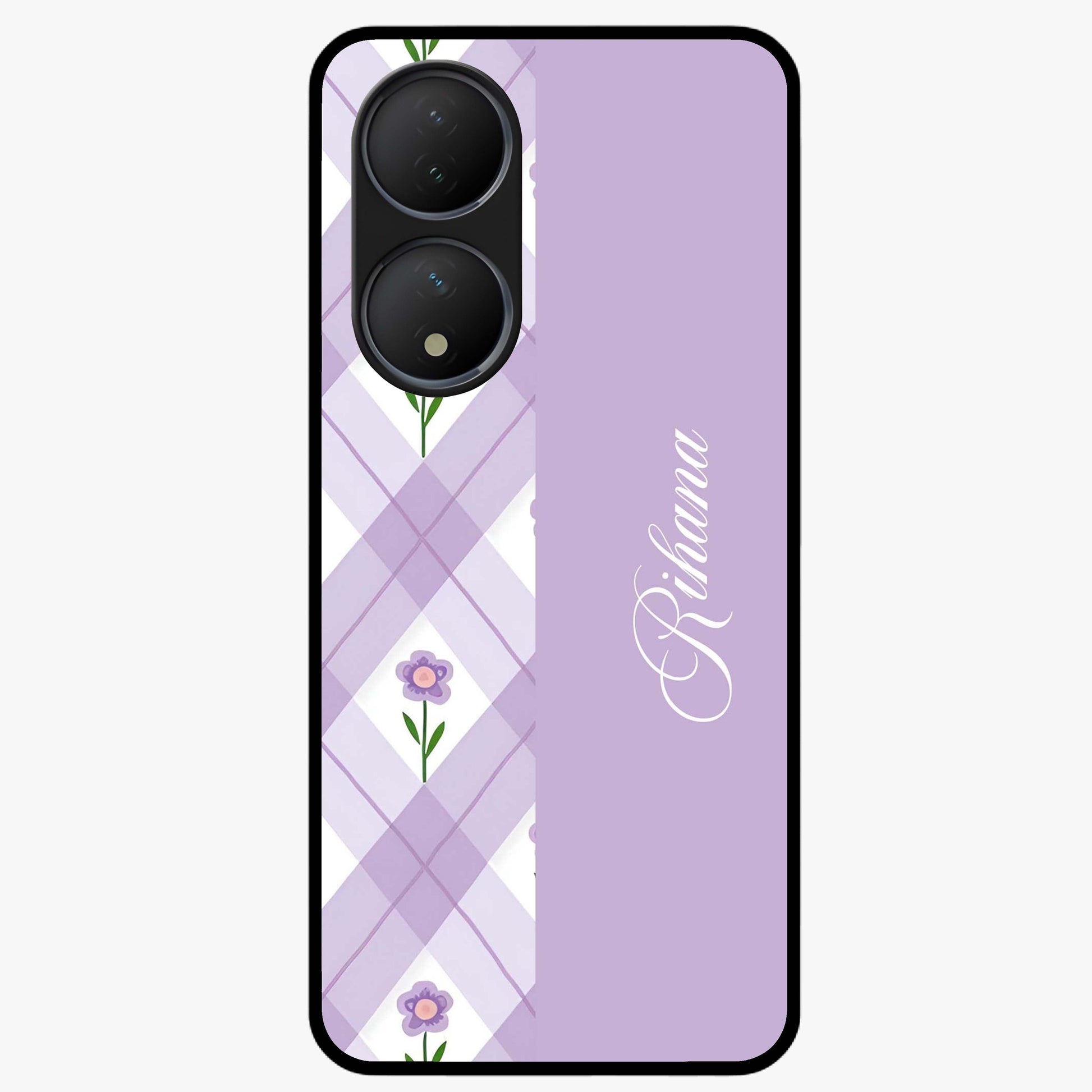 Purple Diamond Floral Glass Case showing flat back view with diamond shaped floral artwork and glossy glass finish.