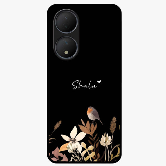 Quiet Garden Tune Custom Name Glass Case showing flat back view with peaceful garden artwork and personalized name design.