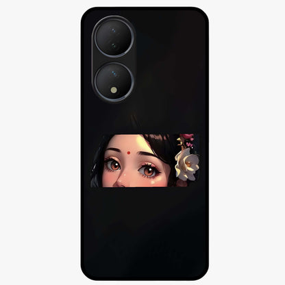 Radha Divine Embrace Glass Case showing flat back view with devotional Radha artwork and glossy glass finish.