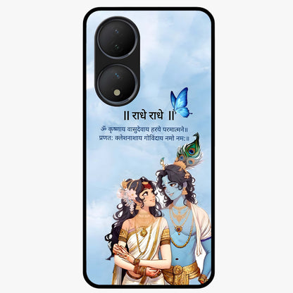 Radha Krishna Eternal Glass Case showing flat back view with Radha Krishna devotional artwork and glossy glass finish.