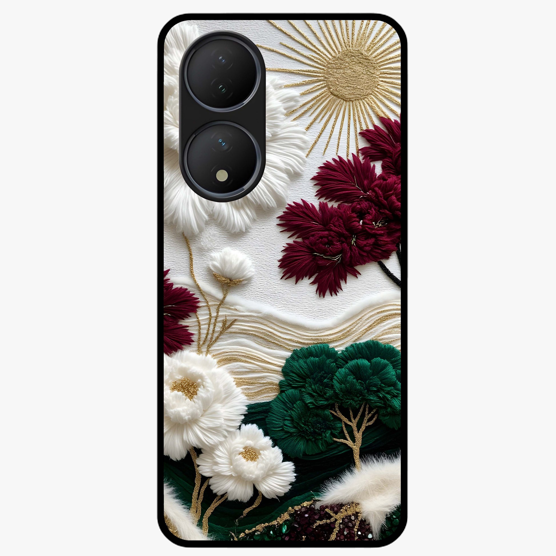 Radiant Bloom Elegance Glass Case showing flat back view with elegant blooming flower artwork and glossy glass finish.