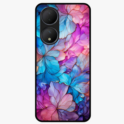Radiant Floral Whirl Glass Case showing flat back view with swirling floral artwork and glossy glass finish.