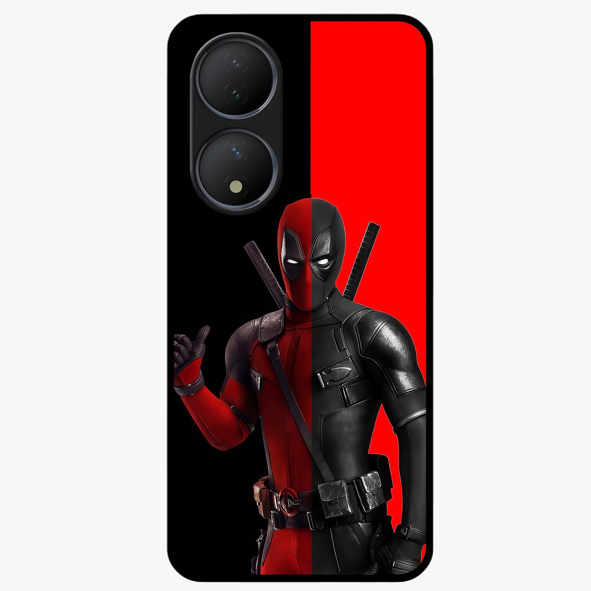 Red & Black Deadpool Theme Glass Case showing flat back view with bold comic inspired artwork and glossy glass finish.