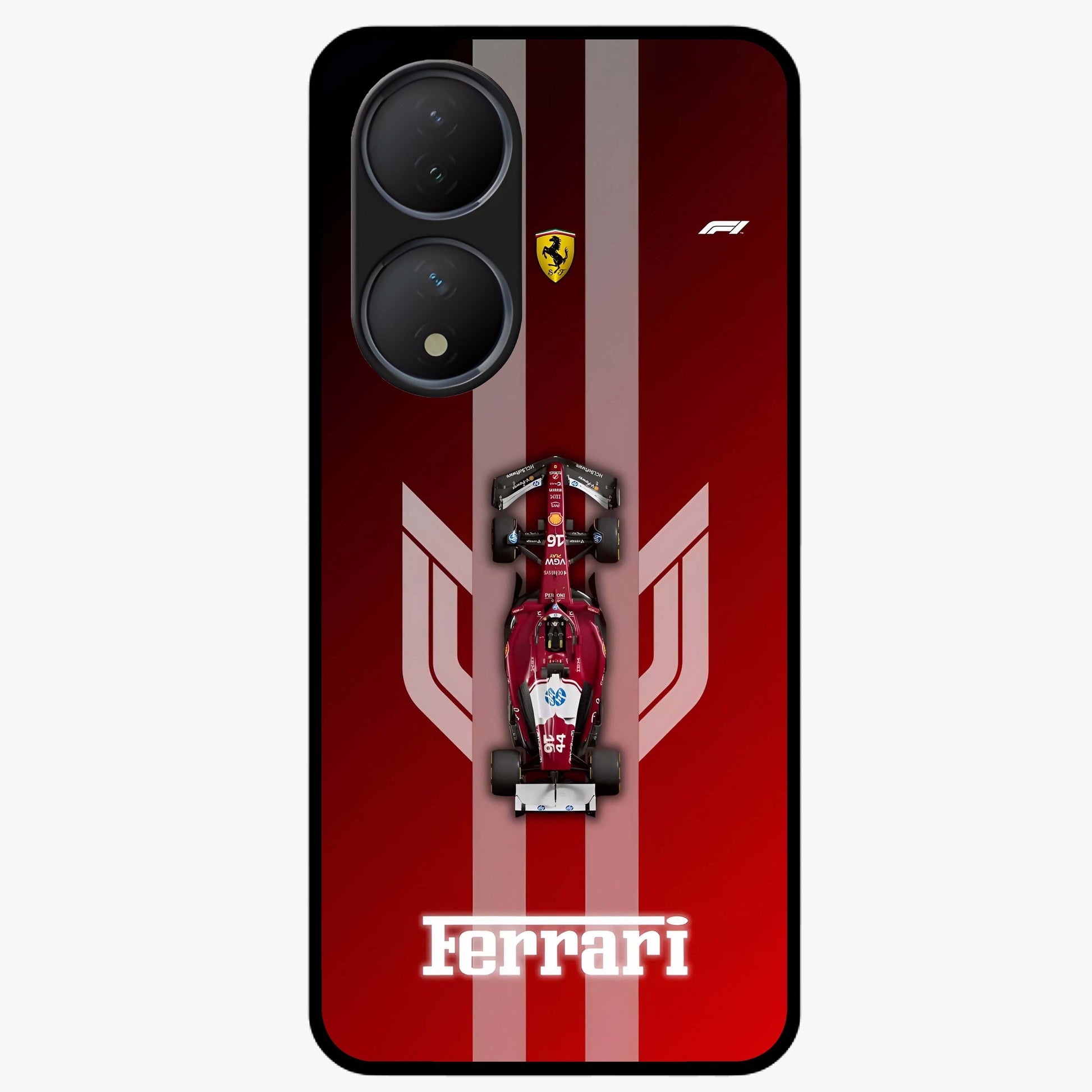 Red Ferrari F1 Vertical Glass Case showing flat back view with sleek Formula racing car artwork and glossy glass finish.