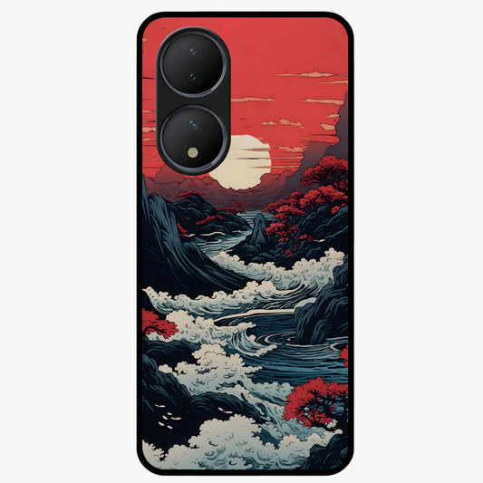 Red Sunset Scenery Glass Case showing flat back view with vibrant sunset landscape artwork and glossy glass finish.