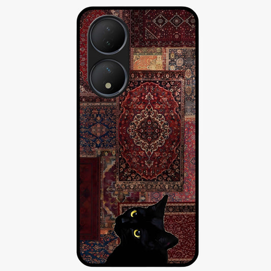 Regal Magic Cat Apple Glass Case showing flat back view with magical cat artwork holding apple and glossy glass finish.