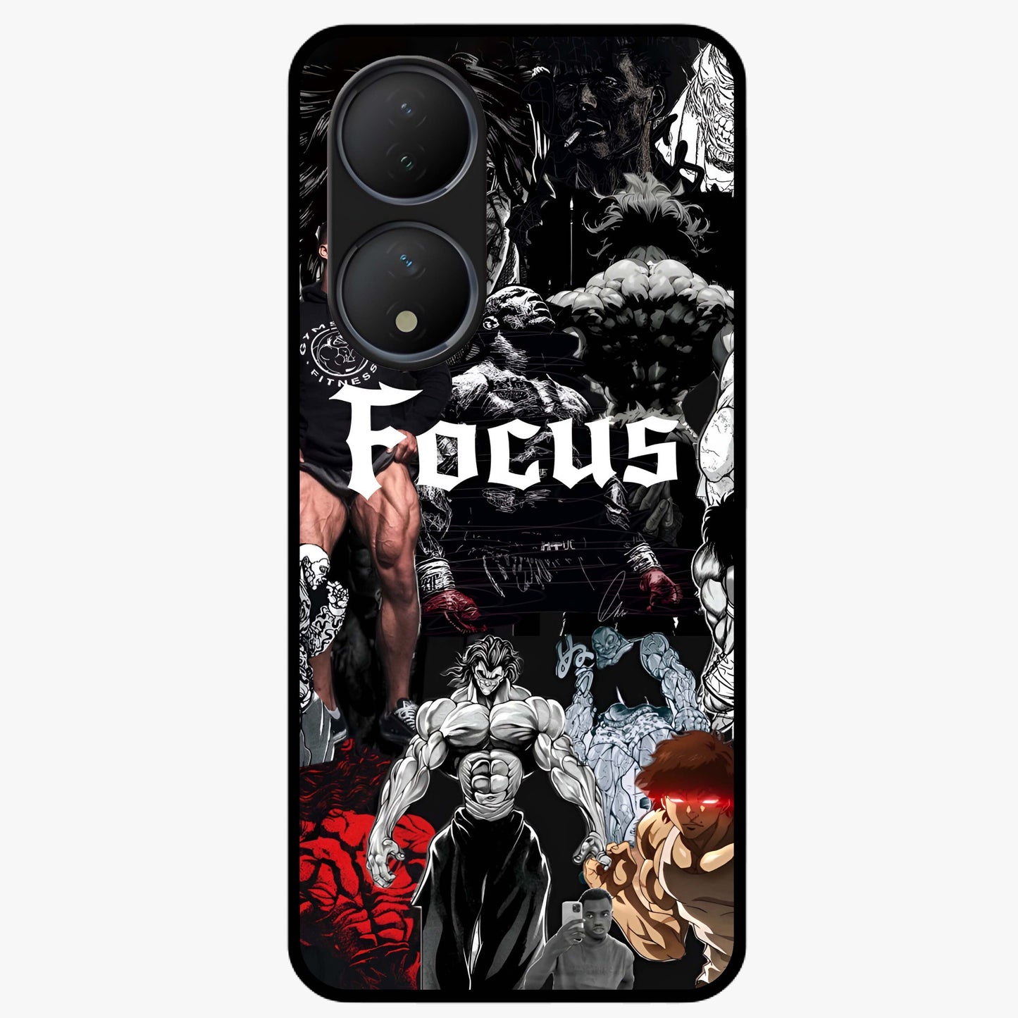 Relentless Power Focus Glass Case showing flat back view with motivational typography artwork and glossy glass finish.