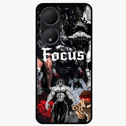 Relentless Power Focus Glass Case showing flat back view with motivational typography artwork and glossy glass finish.