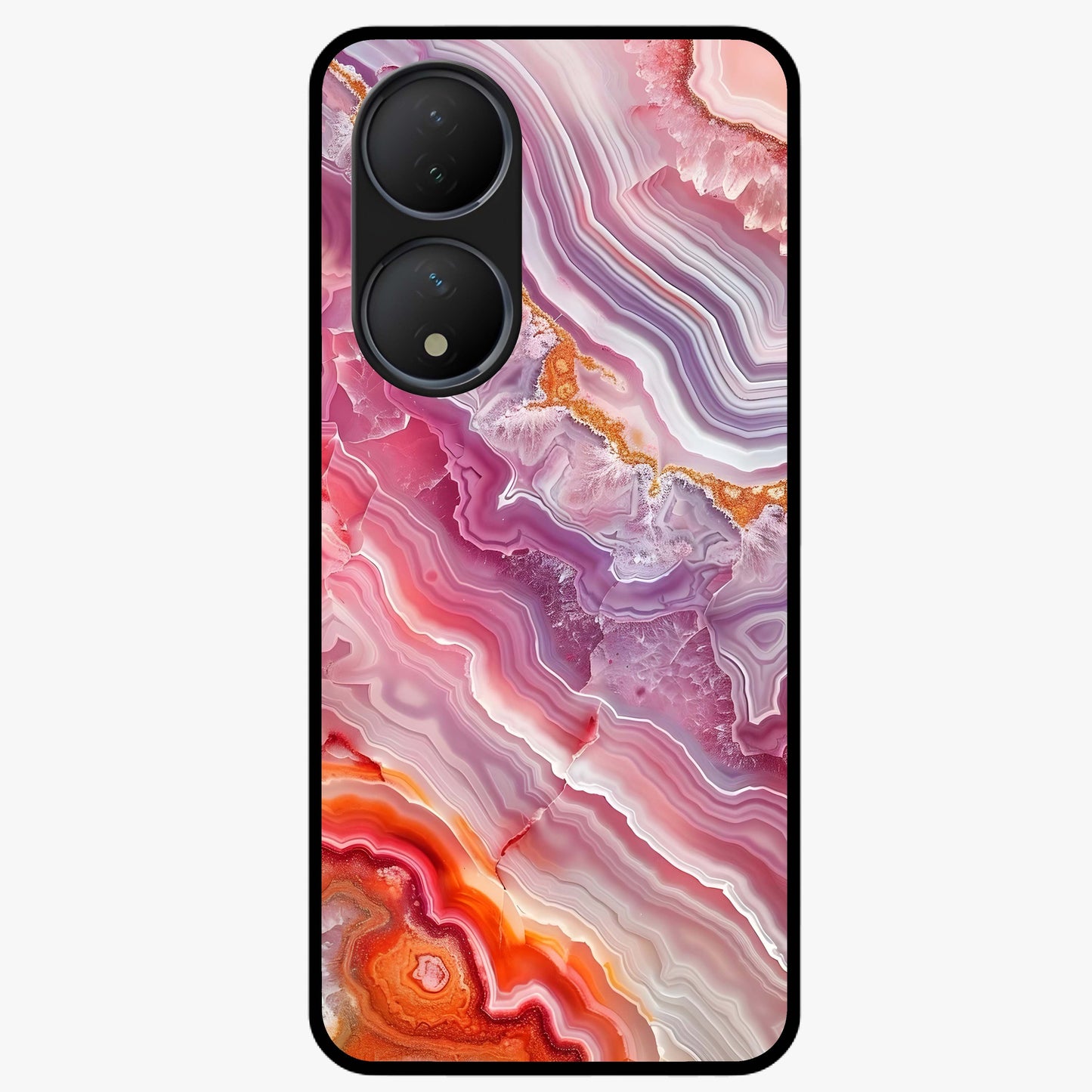 Rose Quartz Marble Glass Case showing flat back view with pink marble quartz texture artwork and glossy glass finish.