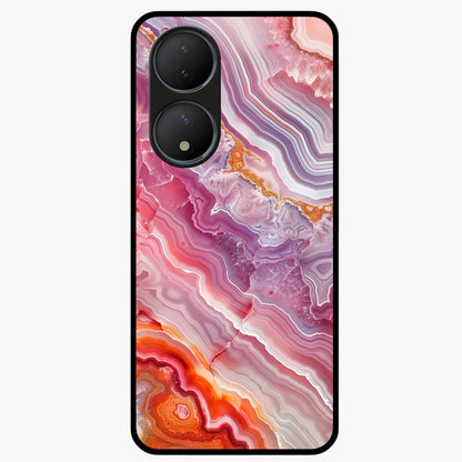 Rose Quartz Marble Glass Case showing flat back view with pink marble quartz texture artwork and glossy glass finish.