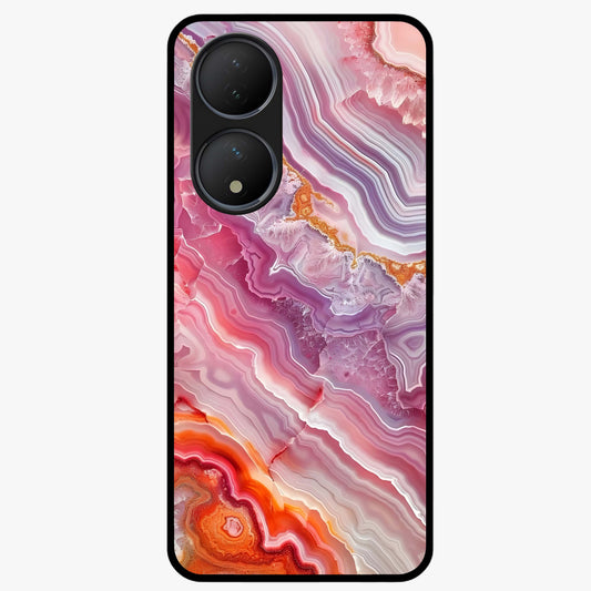 Rose Quartz Marble Glass Case showing flat back view with pink marble quartz texture artwork and glossy glass finish.